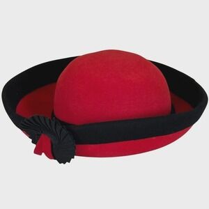 Adolfo Red Wool Felt Hat Black Rolled Brim Rosette Accent Mid 80s Vintage